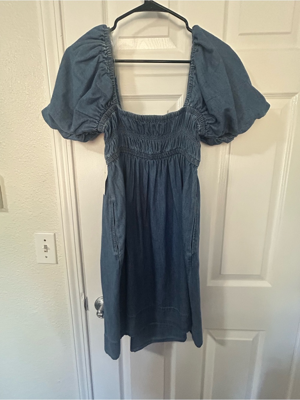 Blue Puff Sleeve Smocked Midi Dress